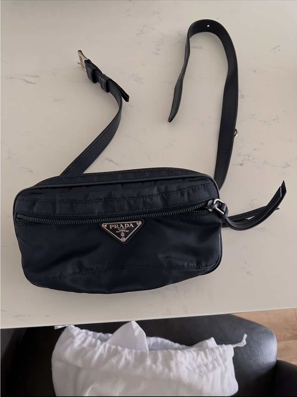 Prada Navy Blue Nylon Belt Bag with Leather Strap